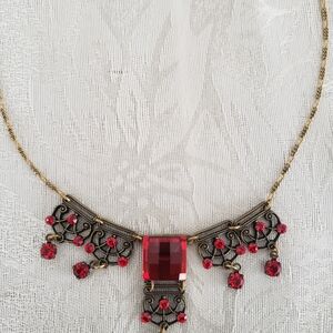 Antique-Gold Color Necklace with Red Faceted Gemstone Accent